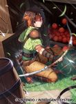  apple armor arrow belt bow_(weapon) brown_eyes brown_hair commentary company_name copyright_name fingerless_gloves fire_emblem fire_emblem:_thracia_776 fire_emblem_cipher food fruit gloves grass headband holding holding_bow_(weapon) holding_weapon kousei_horiguchi official_art one_knee pants quiver shiny short_hair short_sleeves shoulder_armor shoulder_pads solo tanya_(fire_emblem) weapon wooden_box 