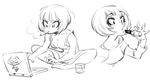  10s 1girl bare_legs cigarette computer cup dress eyebrows eyebrows_visible_through_hair holding indian_style laptop lipstick logo long_sleeves monochrome ohya_ichiko persona persona_5 rafchu short_hair simple_background sitting smoking solo 