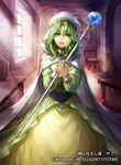  bangs cape chair cloak commentary company_name copyright_name dress eyebrows_visible_through_hair fire_emblem fire_emblem:_thracia_776 fire_emblem_cipher green_dress green_eyes green_hair holding hood hooded_cloak indoors jewelry long_hair long_sleeves official_art open_mouth ring safi_(fire_emblem) solo staff sunlight table turtleneck uroko_(mnr) 