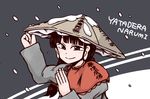  adjusting_clothes adjusting_hat ajirogasa bangs black_hat blunt_bangs blush braid capelet character_name earlobes grey_background hat jiru_(jirufun) long_sleeves looking_at_viewer red_capelet smile snowing solo touhou translation_request twin_braids upper_body white_background yatadera_narumi 