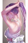  arms_up backless_dress backless_outfit bangs breasts closed_eyes closed_mouth commentary_request dress fate/stay_night fate_(series) from_behind halter_dress highres large_breasts long_hair matou_sakura mouth_hold nape ponytail purple_hair rolua solo tying_hair upper_body white_dress 
