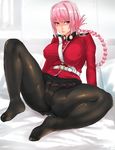  belt between_breasts braid breasts commentary_request epaulettes fate/grand_order fate_(series) florence_nightingale_(fate/grand_order) gusset lips looking_at_viewer no_shoes panties panties_under_pantyhose pantyhose panzer pink_hair red_eyes sitting skirt spread_legs strap_cleavage underwear uniform 