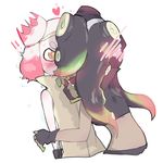  +_+ 2girls back bare_arms bare_shoulders black_gloves black_hair blush commentary_request crop_top crown dark_skin domino_mask fingerless_gloves gloves gradient_hair green_hair green_skin hand_up headphones heart high_collar hime_(splatoon) iida_(splatoon) implied_kiss long_hair looking_at_another mask midriff multicolored multicolored_hair multicolored_skin multiple_girls ni-jo_(nijy0u) octarian orange_eyes pink_hair red_hair shirt short_hair simple_background sleeveless splatoon_(series) splatoon_2 standing suction_cups surprised sweat sweating_profusely two-tone_hair upper_body white_background white_hair yuri 