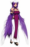  animal_ears bare_shoulders bird_ears breasts cleavage closed_mouth commentary_request detached_collar diadem dress feathered_wings feathers full_body fur_collar harpy konshin large_breasts long_hair looking_at_viewer monster_girl no_socks pelvic_curtain purple_dress purple_hair purple_wings red_eyes sandals simple_background smile solo standing white_background white_dress wings 