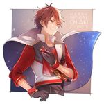  black_gloves brown_hair cape closed_mouth commentary_request cropped_legs dated ensemble_stars! gloves hair_between_eyes happy_birthday highres jacket looking_afar looking_away male_focus morisawa_chiaki red_eyes red_jacket smile solo standing star starry_sky_print tama_(songe) 