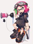  ankle_boots bangs bike_shorts black_dress black_footwear blue_eyes blunt_bangs boots cellphone domino_mask dress full_body goggles goggles_on_head holding holding_cellphone holding_phone holding_weapon hooded_dress inkling jacket long_sleeves looking_at_viewer mask n-zap_(splatoon) phone pink_hair pointy_ears simple_background smartphone solo splatoon_(series) suction_bomb_(splatoon) sweater tentacle_hair toridamono turtleneck turtleneck_sweater weapon white_background 