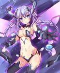  blue_eyes braid breasts cleavage cowboy_shot gloves hair_ornament hinata_yuu_(atelierhinata) leotard long_hair looking_at_viewer medium_breasts micro_bra micro_panties navel nepnep_connect:_chaos_chanpuru neptune_(series) panties purple_hair purple_heart purple_heart_(chaos_form) symbol-shaped_pupils twin_braids underwear very_long_hair 