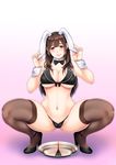  animal_ears bangs bare_shoulders bikini black_bikini black_bow black_legwear black_neckwear blunt_bangs blush bow bowtie breasts brown_eyes brown_hair bunny_ears bunny_girl cleavage closed_mouth detached_collar fake_animal_ears full_body high_heels large_breasts long_hair looking_at_viewer maid_bikini navel original osafune_kairi reflection smile solo squatting stomach swimsuit thighhighs tray underboob wrist_cuffs 