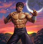  &gt;:( abs belt black_hair blue_pants closed_mouth cloud cloudy_sky commentary_request cowboy_shot dated fighting_stance frown full_moon hokuto_no_ken kenshirou looking_afar male_focus matataku moon muscle pants scar serious shirtless signature sky solo standing star sunset v-shaped_eyebrows wristband 