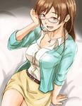  bespectacled breasts brown_eyes brown_hair commentary_request glasses idolmaster idolmaster_cinderella_girls jewelry long_hair looking_at_viewer medium_breasts necklace nitta_minami open_mouth smile solo unu_(unucence) 