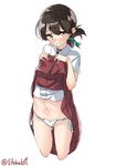  ass_visible_through_thighs bangs blush brown_eyes brown_hair choker closed_mouth cowboy_shot cropped_legs ebifurya eyebrows_visible_through_hair folded_ponytail fundoshi groin hakama_skirt highres japanese_clothes kantai_collection kasuga_maru_(kantai_collection) lifted_by_self looking_at_viewer navel short_sleeves simple_background skirt skirt_lift solo sweat taiyou_(kantai_collection) twitter_username white_background 