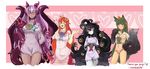  &gt;_&lt; 4girls :d absurdres ahoge alternate_costume animal_ears anubis_(monster_girl_encyclopedia) bangs black_hair blush blush_stickers breasts claws closed_mouth collar commission contrapposto cowboy_shot crop_top cropped_legs crossover cyclops dark_skin dragon_girl dragon_horns dragon_tail dragon_wings dress egyptian_clothes extra_eyes extra_mouth eyebrows_visible_through_hair facial_mark fang fingernails gazer_(monster_girl_encyclopedia) green_eyes green_hair hair_between_eyes hair_ornament hand_on_hip heart heart_print hhhori highres horns jabberwock_(monster_girl_encyclopedia) jewelry lamia large_breasts lavender_hair lavender_shirt lavender_shorts long_hair looking_at_viewer looking_down midriff miia_(monster_musume) monster_girl monster_girl_encyclopedia monster_musume_no_iru_nichijou multicolored_hair multiple_girls navel one-eyed open_mouth pajamas panties paws pink_background pink_dress pink_pajamas pink_panties pink_shirt pout purple_hair red_eyes red_hair ring sharp_fingernails shirt short_sleeves shorts signature skirt slime slit_pupils small_breasts smile snake_hair_ornament snake_tail standing streaked_hair tail tentacles underwear very_long_hair wedding_band white_skin white_skirt wings wolf_ears wolf_tail yellow_sclera zzz 