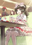  angelic_pretty bangs black_eyes blunt_bangs bow brown_hair cellphone dress earbuds earphones food_print frilled_dress frilled_sleeves frills hair_bow highres lolita_fashion long_hair mcdonald's multiple_boys multiple_girls north_abyssor original petticoat phone ponytail print_dress restaurant short_sleeves signature sitting sketch smartphone solo_focus strawberry_print sweet_lolita thighhighs wrist_cuffs 