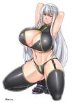  armpits arms_behind_head arms_up bare_shoulders black_legwear black_panties blush breasts cleavage closed_mouth commentary_request frown full_body garter_straps highleg highleg_panties highres huge_breasts kneehighs long_hair looking_at_viewer navel panties red_eyes saizu_nitou_gunsou selvaria_bles senjou_no_valkyria senjou_no_valkyria_1 sidelocks silver_hair solo stomach thighhighs underboob underwear very_long_hair 