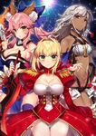  aestus_estus ahoge altera_(fate) animal_ears bandeau bangs blush braid breasts cleavage closed_mouth commentary_request cowboy_shot dark_skin dress epaulettes eyebrows_visible_through_hair fate/extella fate/extra fate_(series) fox_ears french_braid grey_hair hair_intakes holding holding_sword holding_weapon juliet_sleeves large_breasts leotard long_hair long_sleeves looking_at_viewer multiple_girls nero_claudius_(fate) nero_claudius_(fate)_(all) parted_lips puffy_sleeves red_dress red_eyes revealing_clothes sakura_yuki_(clochette) sidelocks smile straight_hair sword tamamo_(fate)_(all) tamamo_no_mae_(fate) tsurime twintails very_long_hair weapon white_leotard 