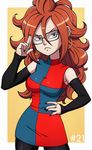  1girl android_21 arm_warmers black-framed_eyewear black_nails blue_eyes brown_hair dragon_ball dragon_ball_fighterz earrings female glasses hand_on_hip hoop_earrings long_hair multicolored_clothes multicolored_dress nail_polish salute solo 