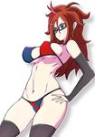  1girl android_21 arm_warmers bikini blue_eyes breasts brown_hair dragon_ball dragon_ball_fighterz earrings female glasses hands_on_hips hips hoop_earrings long_hair multicolored_bikini navel ring solo standing stomach thighhighs thighs white_background 