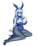  alternate_costume animal_ears arm_up bangs bare_shoulders black_footwear black_legwear blue_eyes blue_hair blue_leotard blue_pupils blue_skin blush breasts bunny_ears bunnysuit card closed_mouth covered_navel crown diamond_(shape) eyebrows_visible_through_hair facial_mark fake_animal_ears full_body high_heels highres holding holding_card ice_queen_(monster_girl_encyclopedia) large_breasts leotard long_hair looking_at_viewer mini_crown monster_girl_encyclopedia nav pantyhose shoes simple_background sitting smile solo white_background wrist_cuffs 