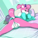  2019 anthro anus bed black_nose bottomless clothed clothing devo87 digital_media_(artwork) eggplant eyelashes female food fruit hair_bow hair_ribbon hi_res lying mammal on_bed on_front pillow pussy ribbons smile solo spread_legs spreading 