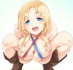  :d autopaizuri bangs blonde_hair blue_eyes blush boots breasts brown_footwear censored commentary_request criss-cross_halter eyebrows_visible_through_hair futanari halterneck heart heart_censor kiyama_satoshi knee_boots large_breasts looking_at_viewer md5_mismatch open_mouth original paizuri parted_bangs penis revealing_clothes sidelocks smile solo squatting sweat tareme thighs 