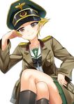  absurdres bad_id bad_pixiv_id black_bow black_footwear blonde_hair blouse blurry blurry_foreground boots bow brown_eyes brown_jacket close-up closed_mouth crossed_legs depth_of_field erwin_(girls_und_panzer) foreshortening girls_und_panzer goggles goggles_on_headwear green_hat green_skirt hand_on_headwear hat head_rest head_tilt highres jacket long_sleeves looking_at_viewer military_hat military_jacket miniskirt ooarai_school_uniform open_clothes open_jacket peaked_cap pleated_skirt pointy_hair sakimaru school_uniform serafuku short_hair simple_background skirt smile solo white_background white_blouse 