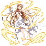 asuna_(sao) barefoot braid brown_eyes brown_hair full_body highres holding holding_staff long_hair looking_at_viewer magic navel official_art outstretched_arm parted_lips pointy_ears solo staff sword_art_online sword_art_online:_memory_defrag titania_(sao) transparent_background 