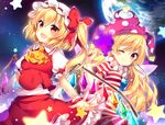  :d ;) alternate_legwear american_flag_dress american_flag_legwear ascot bangs blonde_hair breasts clownpiece commentary_request cowboy_shot crystal earth fairy_wings flandre_scarlet frilled_shirt_collar frills hat hat_ribbon jester_cap kurisu_sai looking_at_viewer mob_cap multiple_girls one_eye_closed open_mouth polka_dot print_legwear puffy_short_sleeves puffy_sleeves red_eyes red_ribbon red_skirt red_vest ribbon shirt short_sleeves side_ponytail skirt skirt_set small_breasts smile star star_print touhou vest white_shirt wings wrist_cuffs 