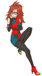  1girl android_21 arm_warmers black-framed_eyewear blue_eyes brown_hair detached_sleeves dragon_ball dragon_ball_fighterz earrings female glasses long_hair multicolored_boots multicolored_clothes multicolored_dress nail_polish pantyhose sitting solo white_background 