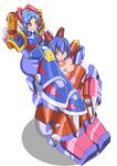  2girls armor blue_hair blush breasts buti-yu facial_mark frown genderswap grin missile multiple_girls one_eye_closed orange_eyes personification pink_eyes rocket_launcher rockman rockman_x short_hair shoulder_cannon sitting_on_shoulder vava weapon 