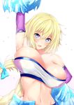  :d arm_up armpits blonde_hair blue_eyes blush breasts cleavage elbow_gloves fate/apocrypha fate_(series) gloves highres jeanne_d'arc_(fate) jeanne_d'arc_(fate)_(all) large_breasts looking_at_viewer midriff navel open_mouth pom_poms sankakusui smile solo sweat teeth 