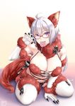  ahoge alternate_color animal_ears blush breasts candy cleavage commentary_request cosplay dangerous_beast elbow_gloves fate/grand_order fate_(series) food fur-trimmed_gloves fur-trimmed_legwear fur_trim glasses gloves halloween halloween_costume large_breasts lollipop long_hair looking_at_viewer mash_kyrielight mash_kyrielight_(cosplay) mouth_hold navel o-ring o-ring_top open_mouth osafune_kairi purple_eyes red-framed_eyewear revealing_clothes ribbon senki_zesshou_symphogear silver_hair sitting solo swirl_lollipop tail thighhighs twintails wariza wolf_ears wolf_tail yukine_chris 