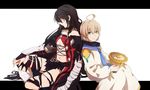  1girl ahoge back-to-back bandaged_arm bandages black_hair blonde_hair choker closed_eyes gloves green_eyes highres kan_(kuronoshiori) laphicet_(tales) long_hair short_hair sitting tales_of_(series) tales_of_berseria thighhighs torn_clothes torn_legwear velvet_crowe 