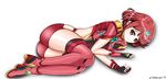  1girl ahoge armor artist_request ass boots breasts circlet fingerless_gloves gloves homura_(xenoblade_2) large_breasts lying on_side parted_lips red_eyes red_hair shiny shiny_hair shiny_skin short_hair short_shorts shorts solo thigh_boots xeno_(series) xenoblade_2 