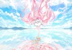  absurdly_long_hair bangs blue_sky bow closed_mouth cloud cloudy_sky commentary day dress flower gloves hair_bow highres horizon kaname_madoka lake long_hair magical_girl mahou_shoujo_madoka_magica mountain outdoors pink_hair puffy_short_sleeves puffy_sleeves qidai reflection scenery shoes short_sleeves sky solo standing standing_on_one_leg two_side_up ultimate_madoka very_long_hair water_surface white_dress white_footwear white_gloves wide_shot 