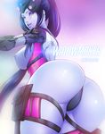  1girl alone amelie_lacroix artist_request ass back black_hair female gold_eyes hips long_hair nipples overwatch pocket ponytail purple_lipstick purple_skin side_boob solo tattoo thighs widowmaker_(overwatch) 