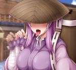 animal_ears backpack bandage blush breasts bunny_ears hat lavender_hair monaka_(gatinemiku) monk open_mouth reisen_udongein_inaba sexually_suggestive tongue tongue_out touhou 