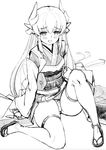  blush commentary_request fate/grand_order fate_(series) greyscale highres horns japanese_clothes kimono kiyohime_(fate/grand_order) long_hair looking_at_viewer monochrome obi panties saruchitan sash sitting sketch solo thighhighs underwear 