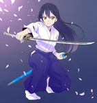  bangs blue_background blue_hair closed_mouth commentary_request egooo habaki hair_between_eyes hakama holding holding_sword holding_weapon japanese_clothes katana kojiri long_hair looking_at_viewer love_live! love_live!_school_idol_project petals same-hada saya_(scabbard) sheath simple_background solo sonoda_umi sword tabi tsuba_(guard) tsuka-ito tsuka_(handle) weapon yellow_eyes 