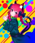  1girl animal_ears bow braid cat_ears cat_tail dress eyebrows_visible_through_hair frilled_sleeves frills hair_bow hair_ribbon kaenbyou_rin looking_at_viewer multiple_tails open_mouth patterned_background paw_pose red_eyes red_hair ribbon short_hair_with_long_locks slit_pupils solo tail touhou tress_ribbon twin_braids two_tails wide_sleeves yuujin_(mhhnp306) 