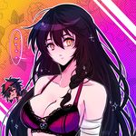  1girl bare_shoulders black_hair bra breasts chibi hair_over_one_eye long_hair looking_at_viewer mao_(expuella) object_on_head panties panties_on_head rokurou_rangetsu smile tales_of_(series) tales_of_berseria underwear velvet_crowe very_long_hair yellow_eyes 