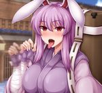  animal_ears backpack bandage blush breasts bunny_ears kimono lavender_hair looking_at_viewer monaka_(gatinemiku) open_mouth red_eyes reisen_udongein_inaba sexually_suggestive tongue tongue_out touhou 