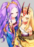  bare_shoulders blonde_hair bow breasts chinese_clothes cleavage eyebrows fate/grand_order fate_(series) grey_background hanfu hokora_(n70) horns ibaraki_douji_(fate/grand_order) japanese_clothes long_hair long_sleeves looking_at_viewer medium_breasts multiple_girls oni oni_horns pointy_ears purple_eyes purple_hair sash shawl simple_background smile smirk tattoo twintails wide_sleeves wu_zetian_(fate/grand_order) yellow_eyes 