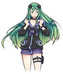  adult_neptune adult_neptune_(cosplay) blush cosplay d-pad d-pad_hair_ornament fire_emblem fire_emblem:_souen_no_kiseki green_eyes green_hair hair_ornament highres hood igalimax jacket long_hair nephenee neptune_(series) open_mouth solo track_jacket 