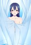  bangs blue_hair blush commentary_request cowboy_shot curtain_grab curtains egooo hair_between_eyes holding long_hair looking_at_viewer love_live! love_live!_school_idol_project nude open_mouth see-through_silhouette simple_background smile solo sonoda_umi standing transparent yellow_eyes 