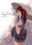  birthday blush brown_eyes long_hair love_live!_sunshine!! maroon_hair sakurauchi_riko seifuku smile umbrella 