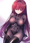  bangs black_gloves black_legwear blush bodysuit bondage_outfit breasts closed_mouth covered_nipples elbow_gloves fate/grand_order fate_(series) foreshortening frown gloves gradient gradient_background gradient_hair grey_background hair_between_eyes hair_intakes harness large_breasts latex lips long_hair looking_at_viewer multicolored_hair o-ring purple_bodysuit purple_hair red_eyes red_hair scathach_(fate)_(all) scathach_(fate/grand_order) shiny shiny_clothes sitting skin_tight solo straight_hair thighhighs_pull very_long_hair zha_yu_bu_dong_hua 
