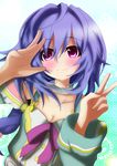  aoi_tabane blush choker highres neptune_(series) pink_eyes purple_hair pururut ribbon smile solo v 