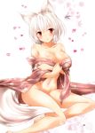  animal_ears bare_legs bare_shoulders barefoot blush breast_hold breasts collarbone eyebrows_visible_through_hair heart inubashiri_momiji japanese_clothes kimono large_breasts leaf_print looking_at_viewer maple_leaf_print naked_kimono navel off_shoulder open_clothes open_kimono page_number red_eyes short_hair sitting smile solo tail touhou white_background wolf_ears wolf_tail yua_(checkmate) 