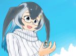  :d anchor_hair_ornament animal_ears aqua_hair backpack bag black_hair blonde_hair blue_whale_(kemono_friends) commentary giantess glasses gradient_hair hair_ornament hairclip hat helmet in_palm japari_symbol kaban_(kemono_friends) kemono_friends long_hair multicolored_hair multiple_girls nuli_zhenxin open_mouth pith_helmet ribbed_sweater serval_(kemono_friends) serval_ears short_hair shorts size_difference smile sweater swimsuit turtleneck turtleneck_sweater white_swimsuit 