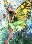 antennae barefoot blue_hair brown_eyes bug butterfly butterfly_wings commentary_request dress eternity_larva flying full_body green_dress hair_between_eyes hair_ornament highres ice_(aitsugai) insect leaf leaf_hair_ornament leaf_on_head parted_lips short_hair smile solo sparkle touhou v_arms wings yellow_wings 